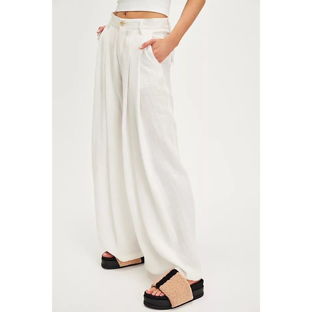 Young Fabulous Broke linen blend wide leg cropped pants Size L white boho pleats